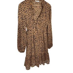 Lily Maes Womens Dress Sz S Small Leopard Ruffled Plunge Tie Neck Long Sleeve
